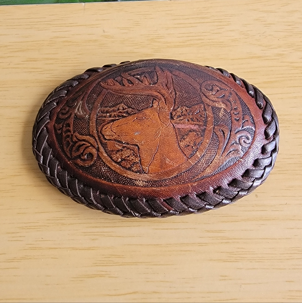 Handcrafted Leather Deer Belt Buckle. Vintage.